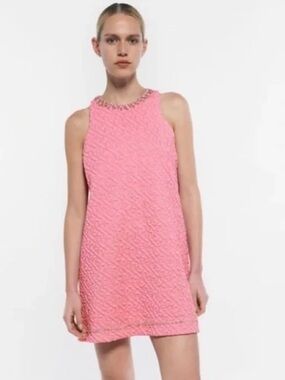 Zara Pink Textured Jewel-Neck Mini Dress